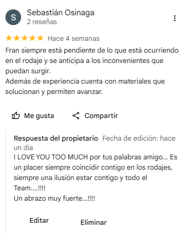 Reseña de Sebastián Osinaga sobre Mundo Cherry Reseña de Google de Sebastián Osinaga sobre el servicio de Mundo Cherry Lift & Crane en rodajes