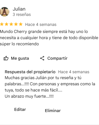 Reseña de Julián sobre Mundo Cherry Reseña publicada en Google destacando la disponibilidad de Mundo Cherry Lift & Crane, su capacidad de respuesta y la variedad de maquinaria