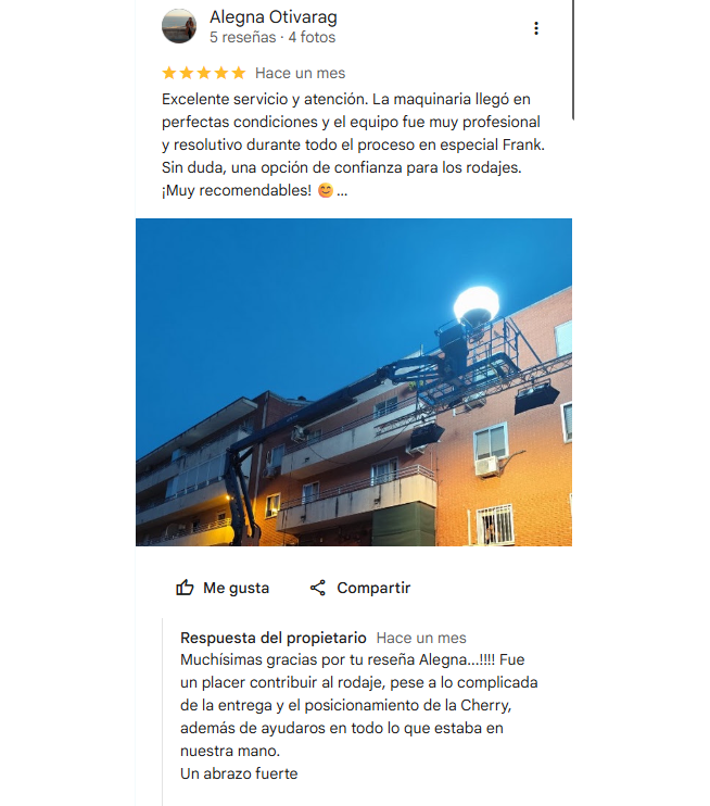 Reseña de Google de un cliente de Mundo Cherry Captura de una reseña de Google de un cliente sobre el servicio de Mundo Cherry Lift & Crane en un rodaje
