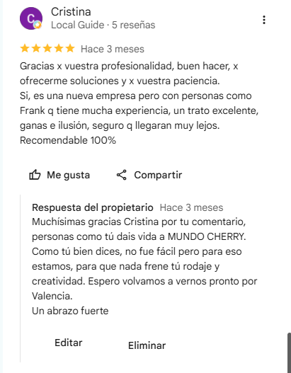 Reseña de Cristina sobre Mundo Cherry Reseña publicada en Google en la que una cliente destaca la profesionalidad, el trato, la paciencia y la capacidad de Mundo Cherry Lift & Cr